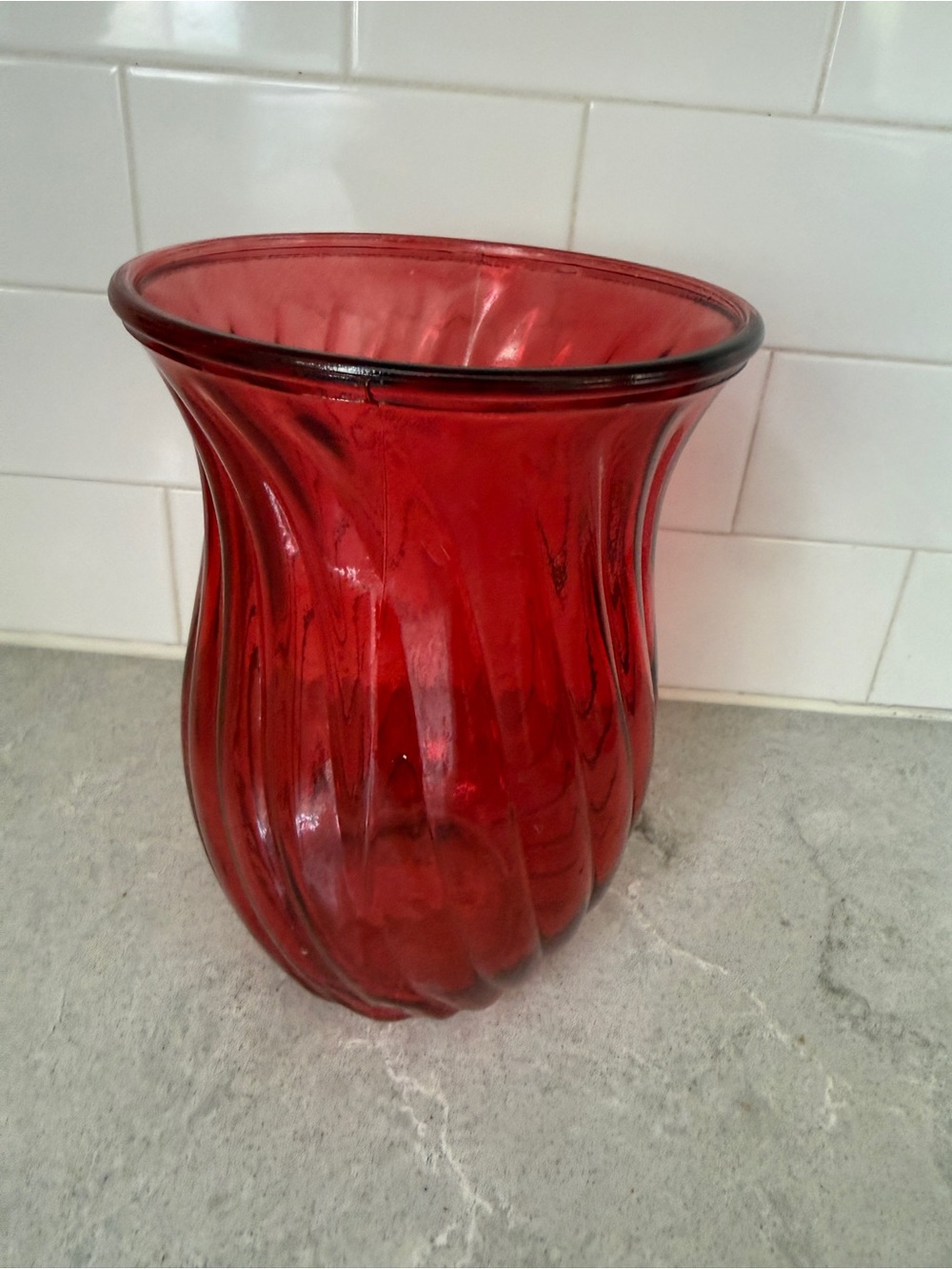 Clear beveled 8” Red Swirled Glass Vase - Decorative Home Accent floral